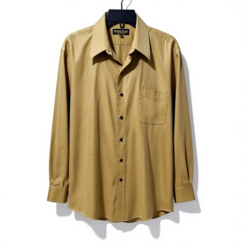 Mens Dress Shirt Roberto Villini Casual Sporty Cotton LS Herringbone Ochre 16.5 - Picture 4 of 5